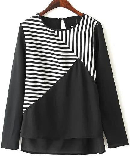 Romwe Black Long Sleeve Striped Dipped Hem Blouse