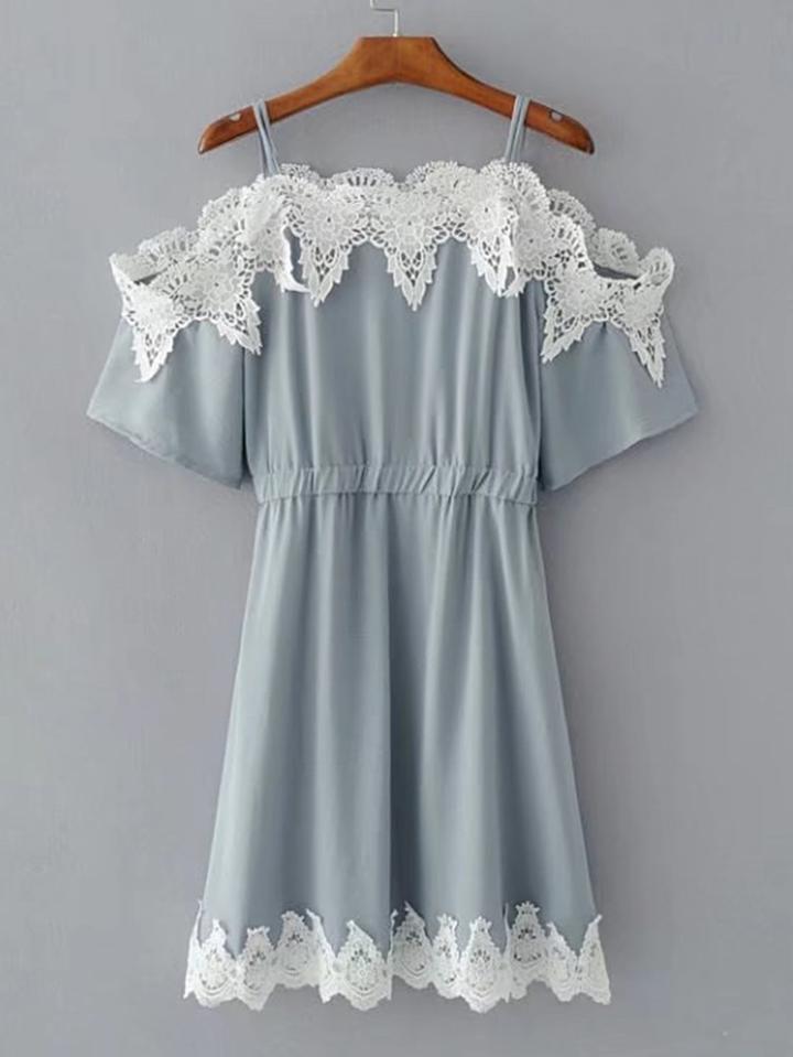 Romwe Cold Shoulder Contrast Lace Dress