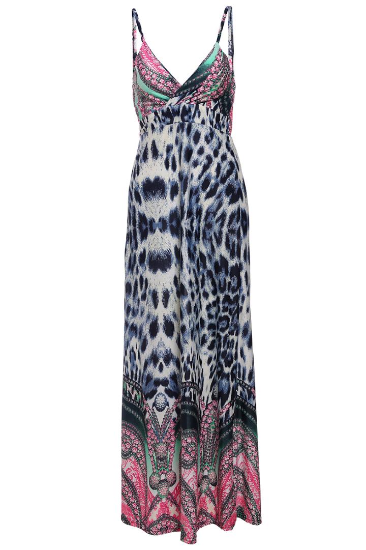 Romwe Spaghetti Strap Leopard Blue Maxi Dress