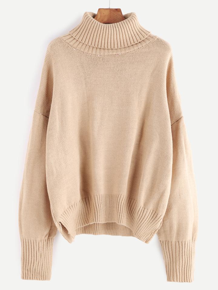 Romwe Apricot Turtleneck Dropped Shoulder Seam Slit Sweater