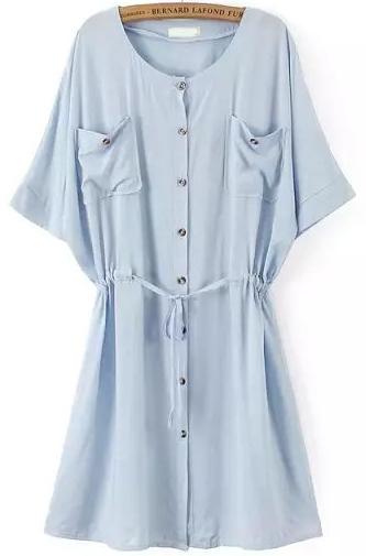 Romwe Blue Short Sleeve Drawstring Waist Buttons Dress