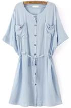 Romwe Blue Short Sleeve Drawstring Waist Buttons Dress
