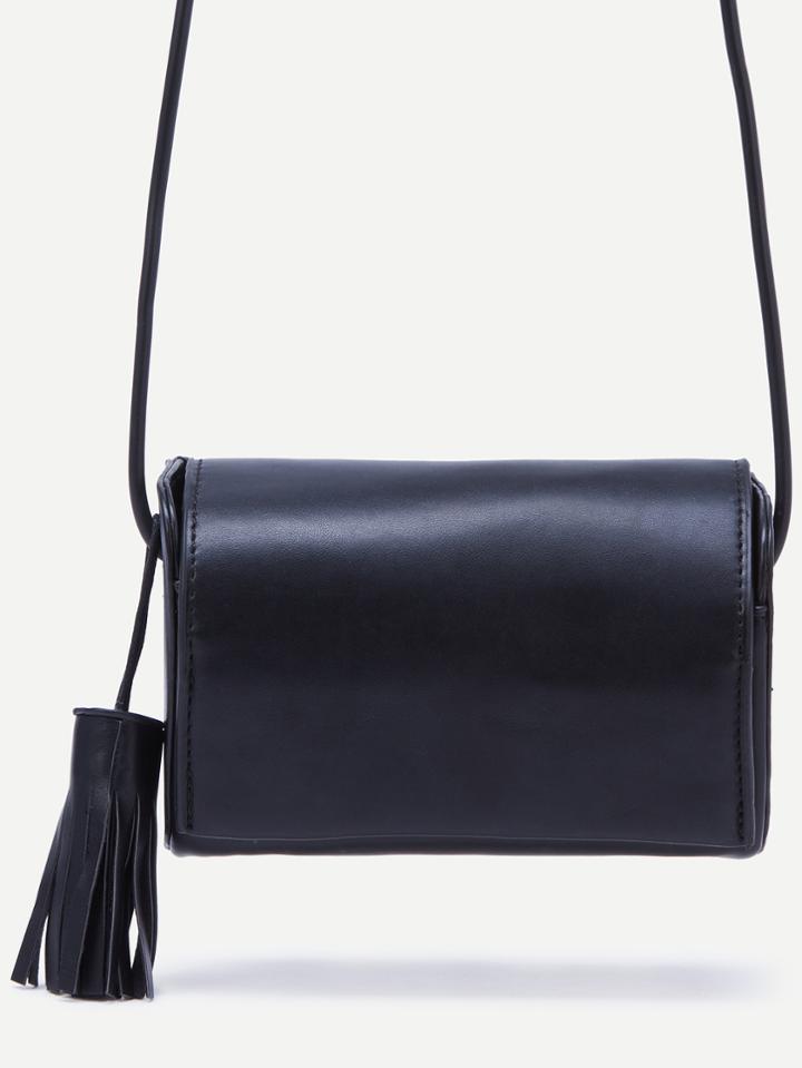 Romwe Black Fringe Snap Button Closure Flap Bag