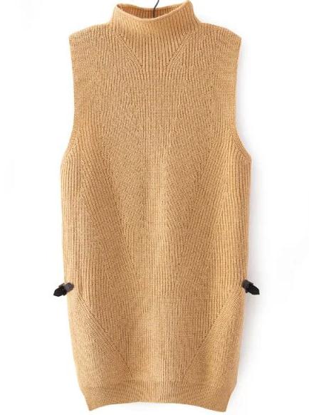 Romwe High Neck Sleeveless Split Khaki Sweater