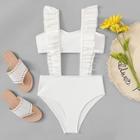 Romwe Ribbed Bandeau Top With Ruffle Suspender Swimsuit