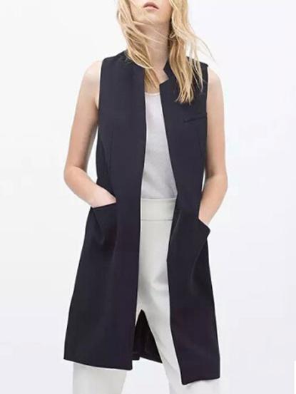 Romwe V Cut Pockets Slit Black Vest