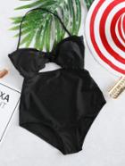 Romwe Black Scalloped Trim Cutout Front Swimsuit
