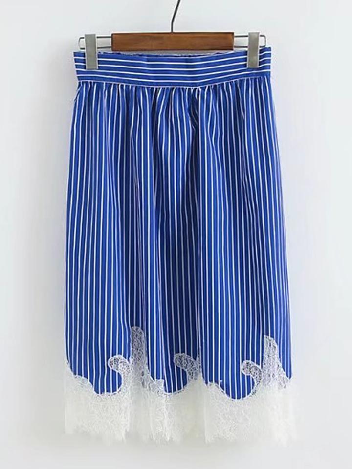 Romwe Contrast Lace Vertical Striped Skirt