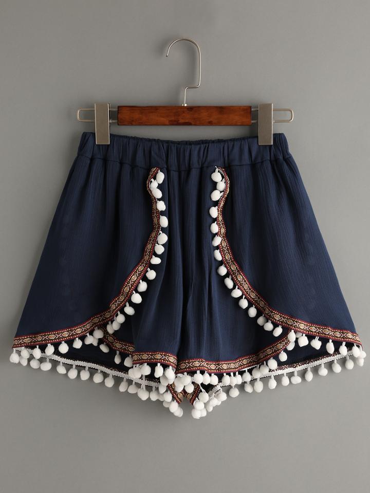 Romwe Navy Pom Pom Woven Tape Trimmed Wrap Shorts