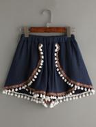 Romwe Navy Pom Pom Woven Tape Trimmed Wrap Shorts