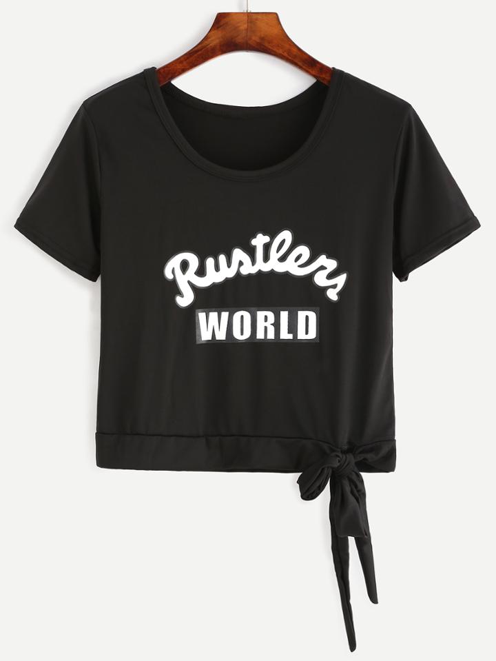 Romwe Black Letter Print Side Tie T-shirt