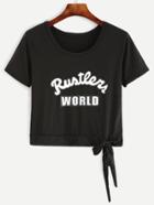 Romwe Black Letter Print Side Tie T-shirt