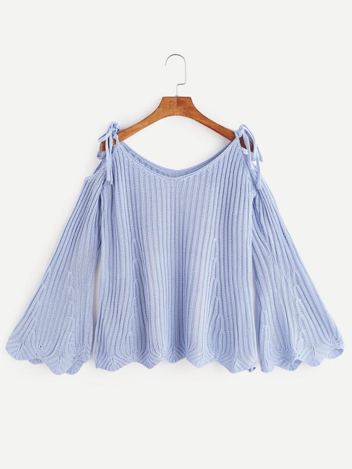 Romwe Light Blue Bell Sleeve Tie Shoulder Ribbed Knit Sweater