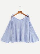 Romwe Light Blue Bell Sleeve Tie Shoulder Ribbed Knit Sweater