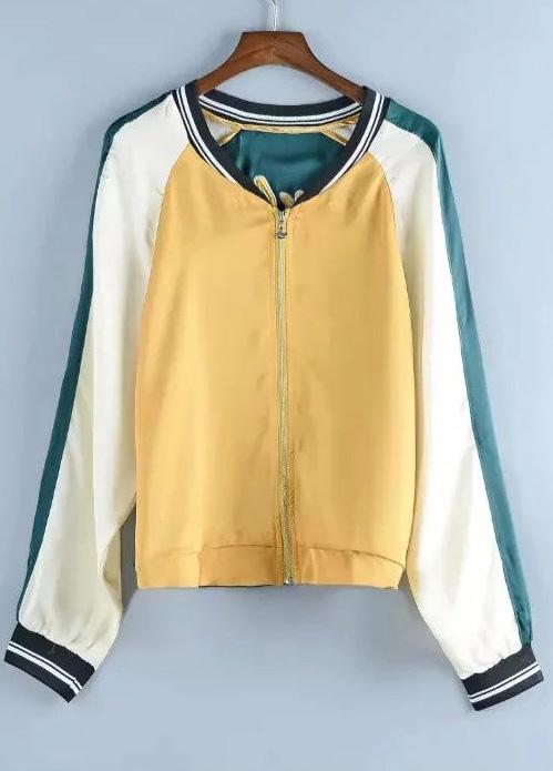 Romwe With Zipper Color-block Embroidered Jacket