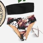 Romwe Ruched Bandeau With Random Leaf Print Bikini Set
