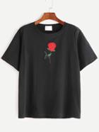 Romwe Black Rose Embroidered Short Sleeve T-shirt