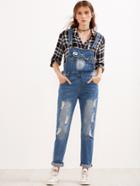 Romwe Blue Ripped Rolled Hem Overall Jeans