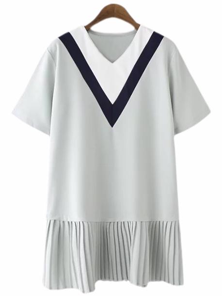 Romwe Green Short Sleeve V Neck Pleated Dress