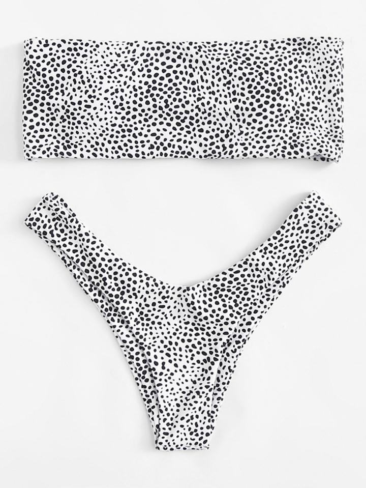 Romwe Dot Print High Leg Bikini Set