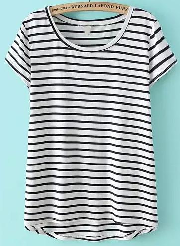 Romwe White Short Sleeve Striped Dip Hem T-shirt