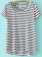 Romwe White Short Sleeve Striped Dip Hem T-shirt