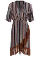 Romwe V Neck With Tassel Tribal Print Wraped Dress
