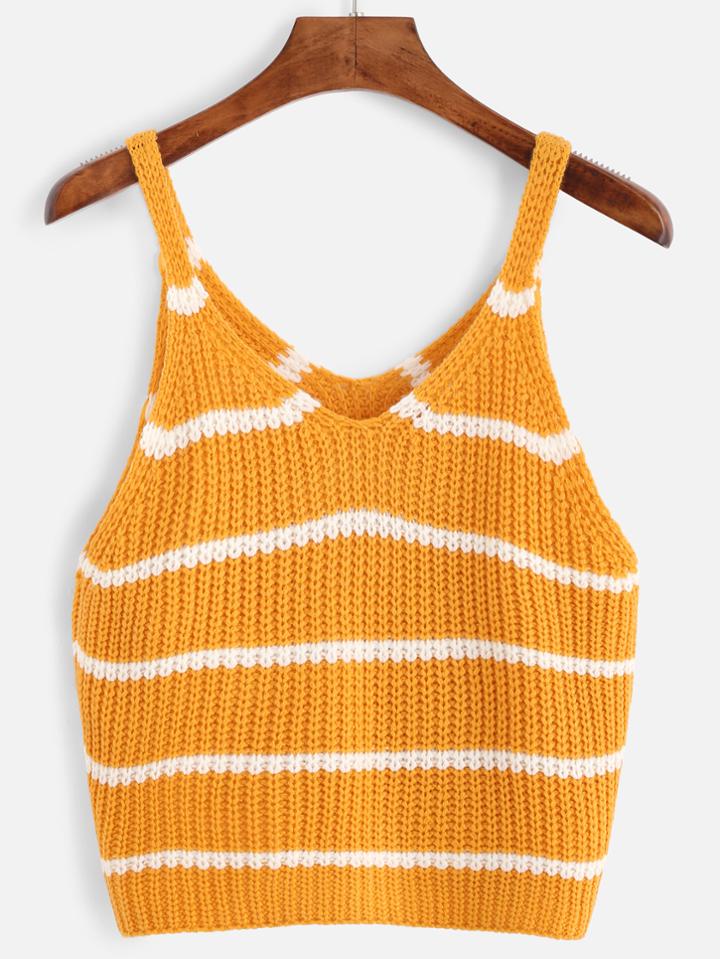 Romwe Yellow Striped Knit Tank Top