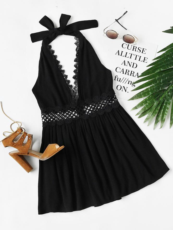 Romwe Halter Neck Lace Trim Hollow Out Dress