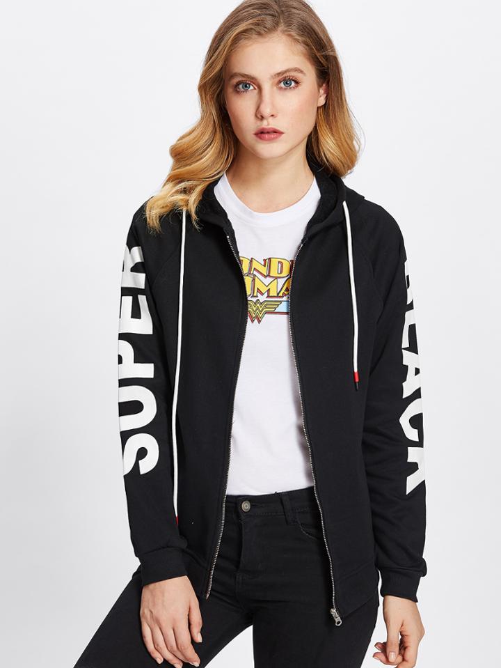 Romwe Letter Print Sleeve Hoodie Jacket