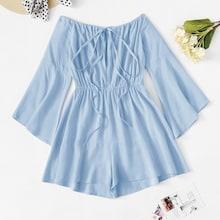 Romwe Bardot Drawstring Detail Flounce Sleeve Romper
