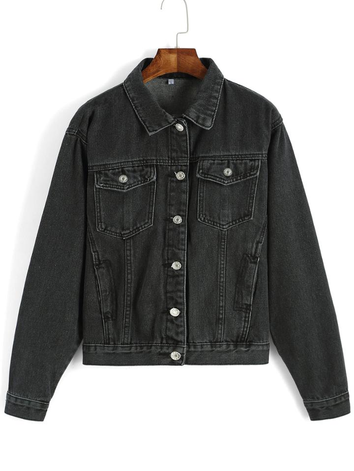 Romwe Lapel Pockets Denim Loose Jacket