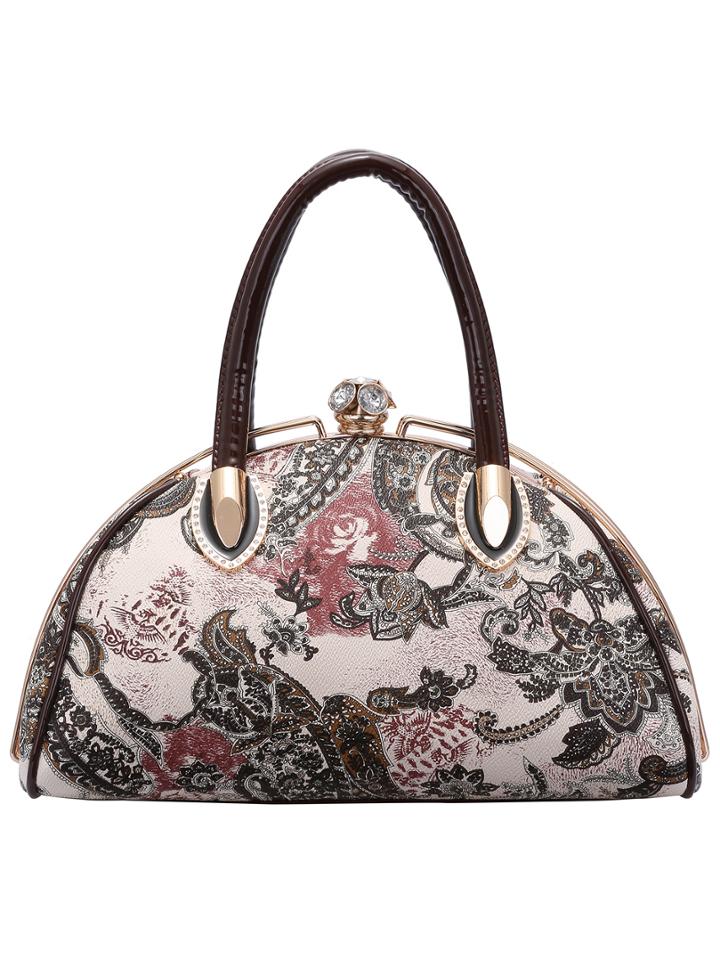 Romwe Coffee Push Lock Print Diamond Tote Bag