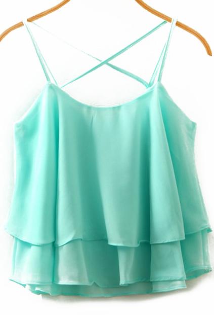 Romwe Spaghetti Strap Double Layels Chiffon Blue Cami Top