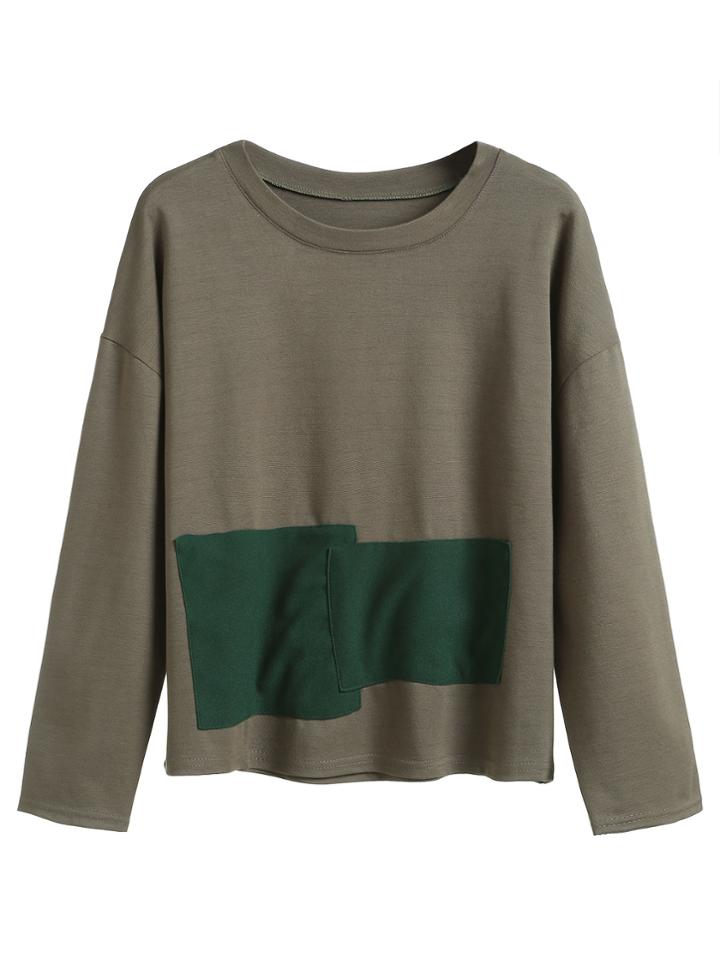 Romwe Green Dropped Shoulder Seam Patches T-shirt