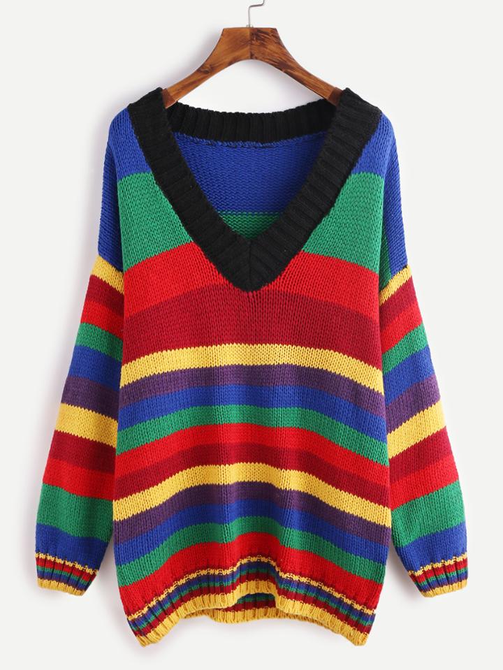 Romwe Color Block Striped V Neck Drop Shoulder Sweater