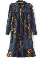 Romwe Purple Long Sleeve Leaves Print Ruffle Dress