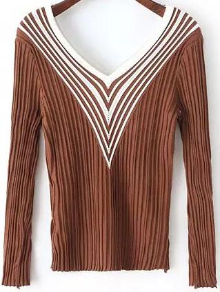 Romwe V Neck Chevron Print Coffee Sweater