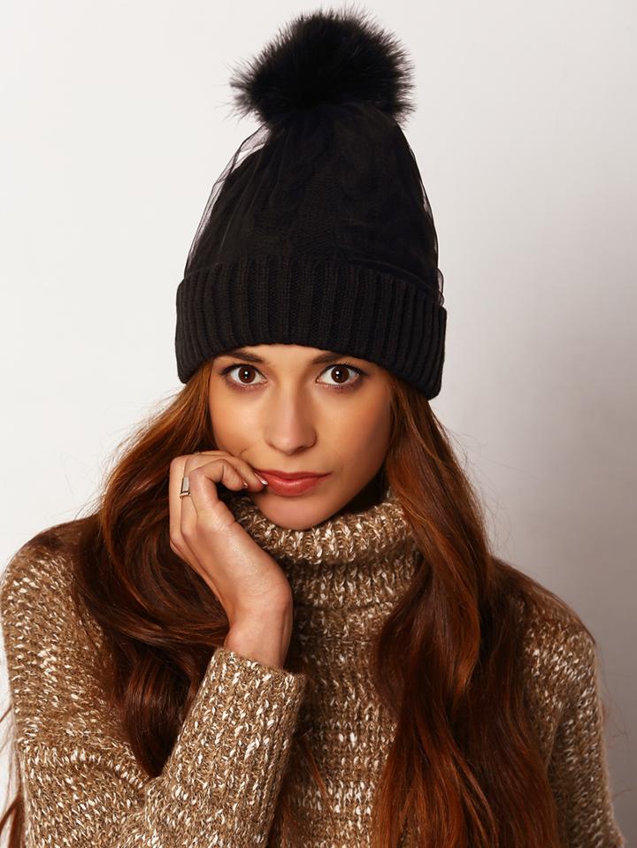 Romwe Mesh Insert Pom Pom Sweater Hat