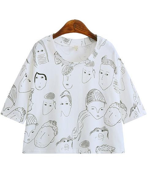 Romwe White Sketch Print Loose Crop T-shirt