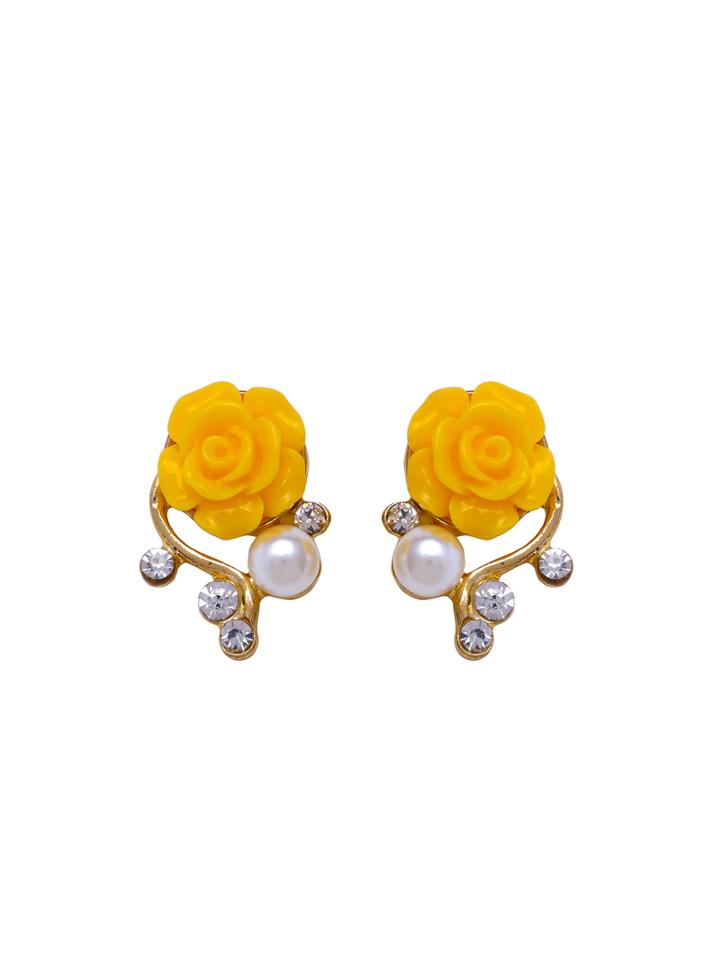 Romwe Lemon Rose Shaped Artificial Pearl And Diamond Stud Earrings