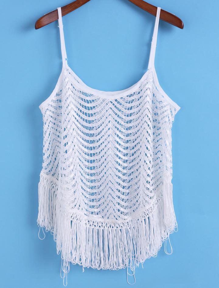Romwe Spaghetti Strap With Tassel Hollow Tank Top