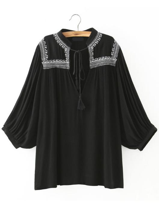 Romwe V Neck Embroidered Black Blouse