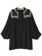 Romwe V Neck Embroidered Black Blouse