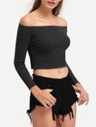 Romwe Off-the-shoulder Ribbed Long Sleeve Top - Black
