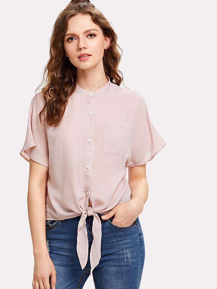 Romwe Knot Front Patch Pocket Button Up Shirt