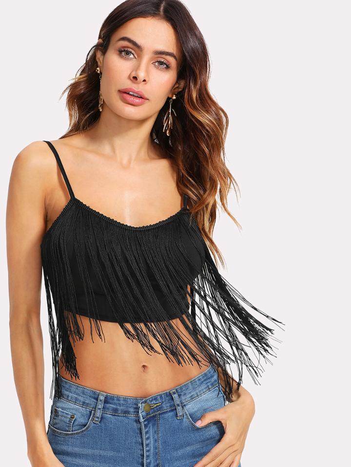 Romwe Fringe Embellished Crop Cami Top