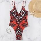 Romwe Tie Waist Ornate Print One Piece Swimsuit