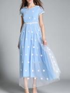 Romwe Blue Applique Pouf Gauze A-line Dress