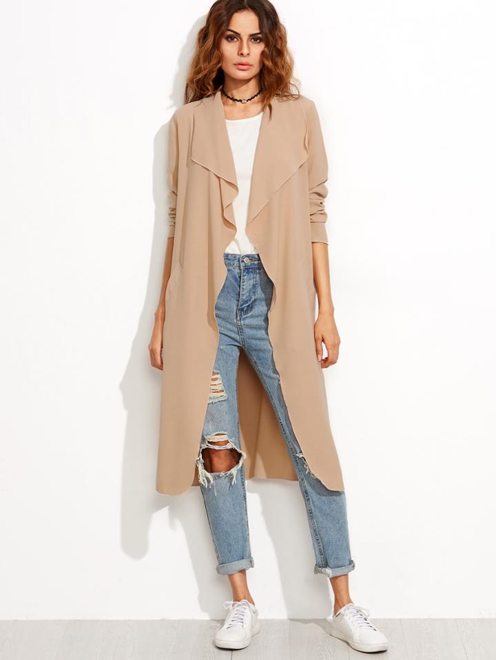 Romwe Camel Draped Collar Wrap Coat